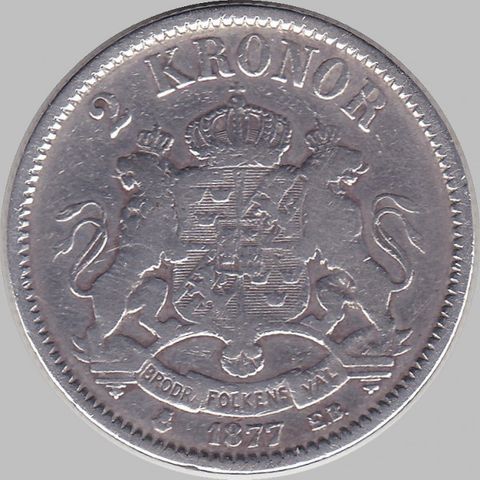 2 kroner Sverige 1877. Meget pen sølvmynt 800S. Tydelig.