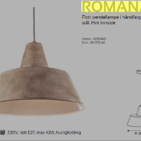 Romana pendellampe i metall med betongfinish 38cm i diameter