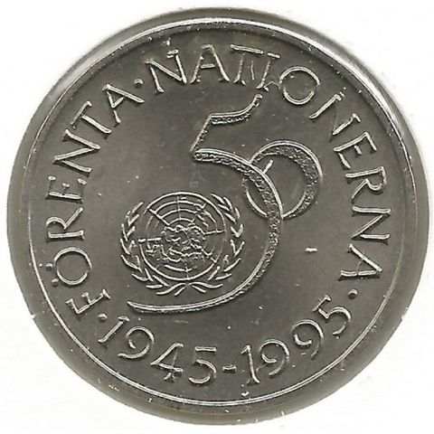 FN Jubileum 5 kroner Sverige  1945 - 1995. Storartet mynt.