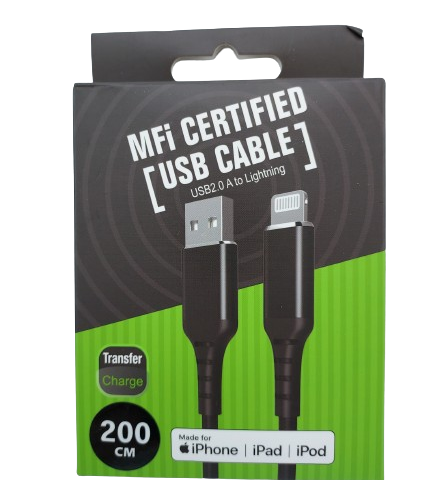 Ny USB-A til lightning kabel 2m (MFI - Apple sertifisert)