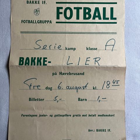 Kampplakat Fotball  Bakke IF - Lier  1960-tallet ?