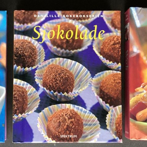 3 spesielle SMÅ kokebøker, NYE «SJOKOLADE»2004 og«SALATER»2009 «WOK»2004