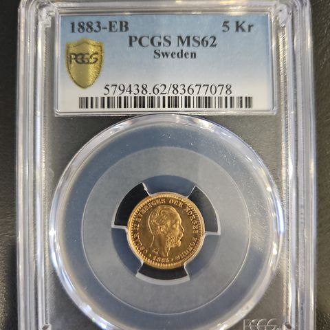 5 kronor 1883 EB gull mynt PCGS MS62