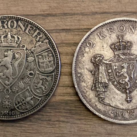 2 kroner fra 1916 og 1907