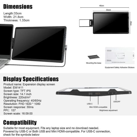 14.1 inch Portable extended screen with type c support