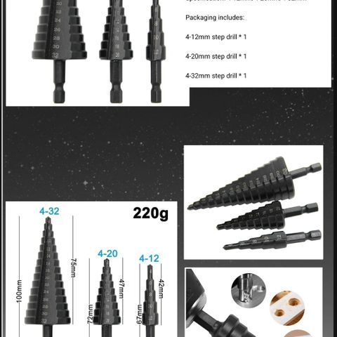 Trinnbor sett, 3 stk. 4-12mm/4-20mm/4-32mm