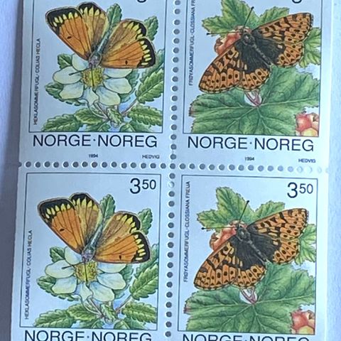 Norge 1994 Heklasommerfugl og Frøyasommerfugl  NK 1192-1993 4-blokk  Postfrisk