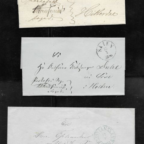 Brevomslag. 2 fra Skien, 1856 og 1861, og 1 fra Christianssand 1853