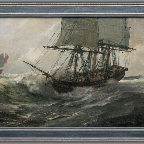 Johan Jacob Bennetter - (f.1822) «Skuter i hard sjø». Oljemaleri • NY INNRAMMING