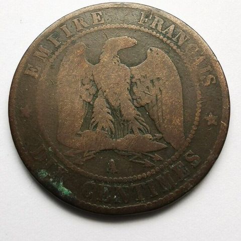 Cinco Centimes Napolion III Frankrike. Bronsemynt.