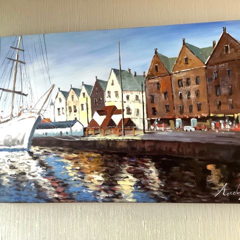 Nydelig  maleri Bryggen i Bergen fra " Borg Ramme " "90 x 60 cm