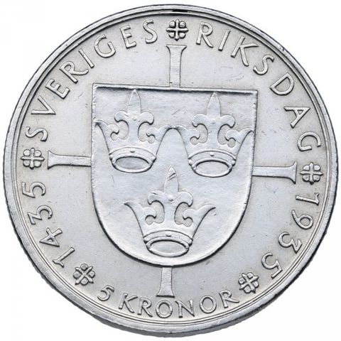 Stor pen svensk sølvmynt  900S, 5 kronor 1935. Storartet.