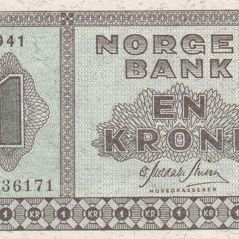 Norges bank 1 krone 1941 I nummer rekkefølge 2 stk.