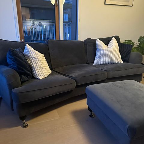 3-sits sofa + puff blå fløyel