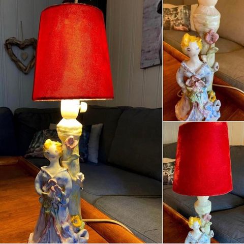 Nydelig retro bordlampe med keramisk damefigur