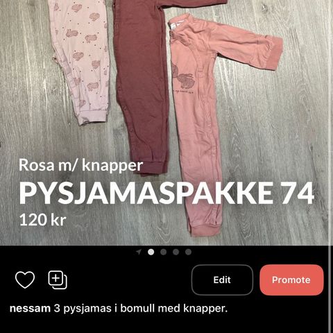 Pysjamaspakke 74 rosa m/ knapper