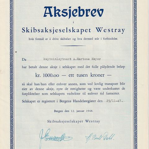 SKIBSAKSJESELSKAPET  WESTRAY - BERGEN  1948