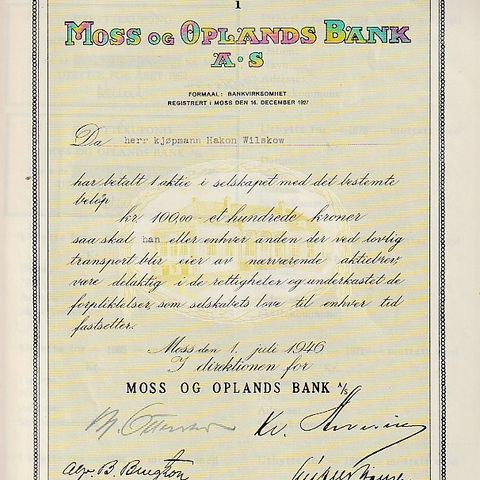 AKSJEBREV I MOSS OG OPLANDS BANK-  1946