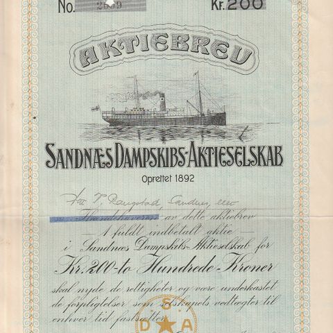 DEKORATIVT  AKSJEBREV  I SANDNÆS DAMPSKIBS. AKTIESELSKAB-  1914