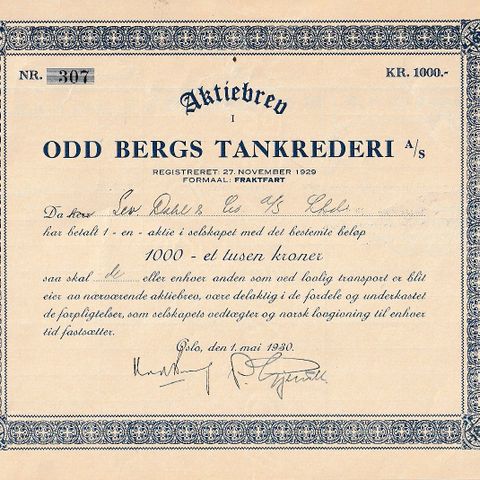 ODD  BERGS TANKREDERI , OSLO  1930