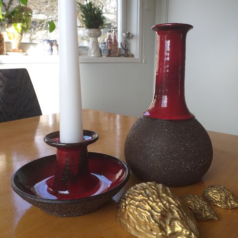 Retro vase og lysestake. Lehmann keramikk. Langeland Danmark