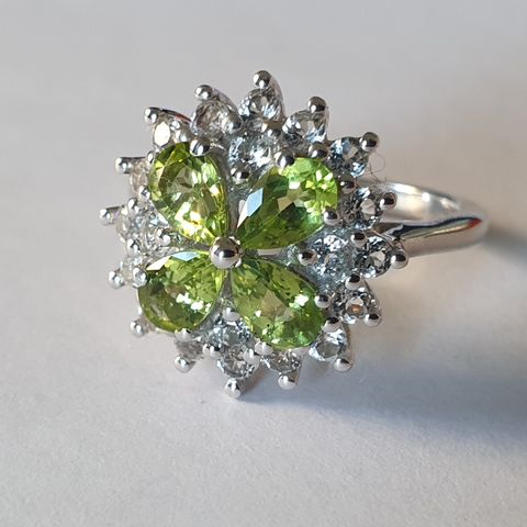 Changbai Peridot & White Topaz 2.9ct Sølv 925 Silver Limited Ed Ring Str.59.5