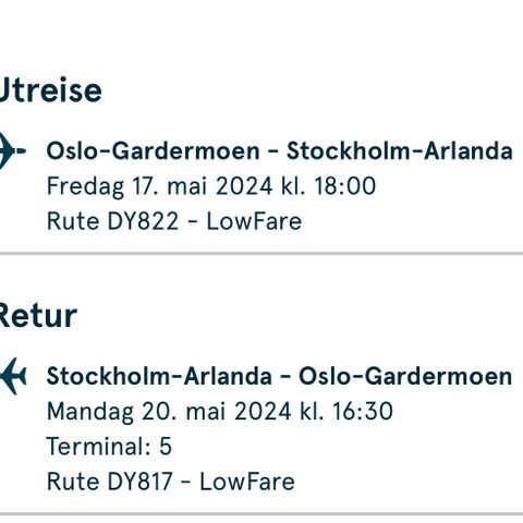 Flybilletter Stockholm 17-19.mai 2024