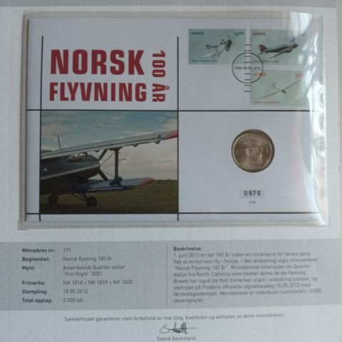 Samlerhuset minnebrev nr 171 Norsk Flyvning 100 år selges.