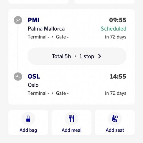 Mallorca. Ny pris: 1 500 NOK. Flybillett Palma de Mallorca - Oslo 19. mai 2024