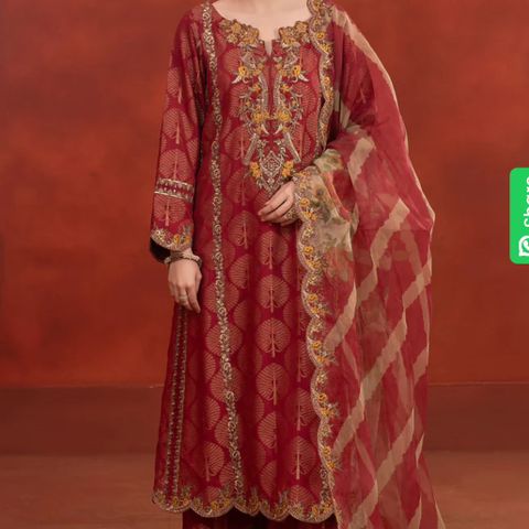 3-PC Embroidered Staple Jacquard Shirt with Organza Dupatta and Trouser