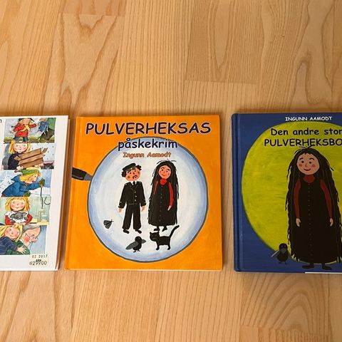 Barnebøker til salgs. Pulverheksa og Lillesøster.