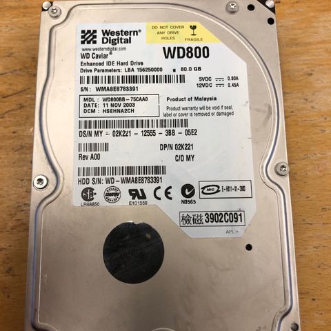 Western Digital WD 800 WD Caviar Enhanced IDE hard drive. 80 GB.