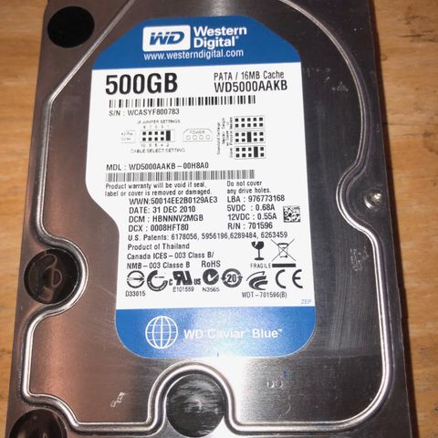 Western Digital Caviar Blue 500 GB HD. NTFS. PATA 16MB Cache. WD5000AAKB.