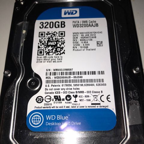 320GB Western Digital WD Blue Desktop Hard Drive. PATA / 8MB Cache.