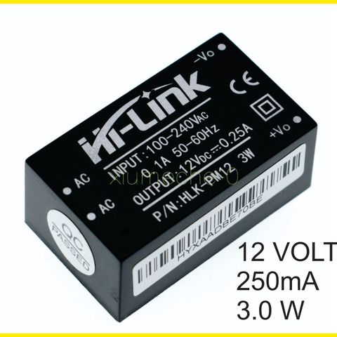 Hi-Link strømforsyner, 230VAC til 12Volt DC, 250mA, 3W, regulert. PCB modul.