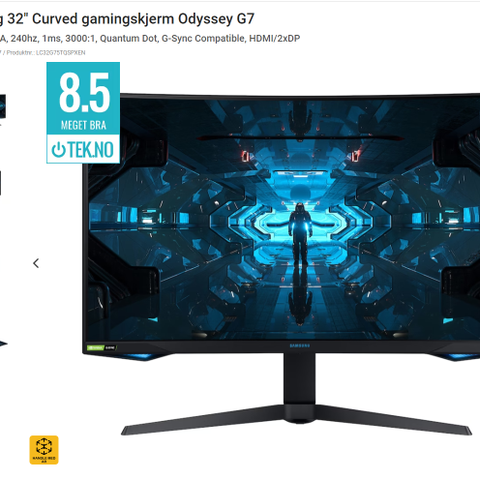 Samsung Oddesey G7 32" Curved Gamingskjerm 240Hz