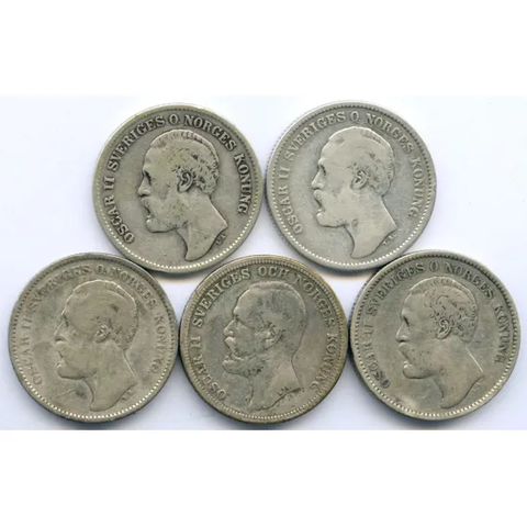 5 x 2 kr i sølv: 1876, 1877, 1878 O, 1880 O & 1900