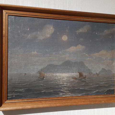 "Nordlandsbåter i måneskinn", gammelt maleri utydelig signert