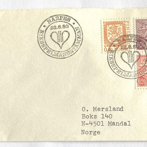 Finland 1980 Spesialstempel Riksspelmansstämnan Närpes 23.6.80