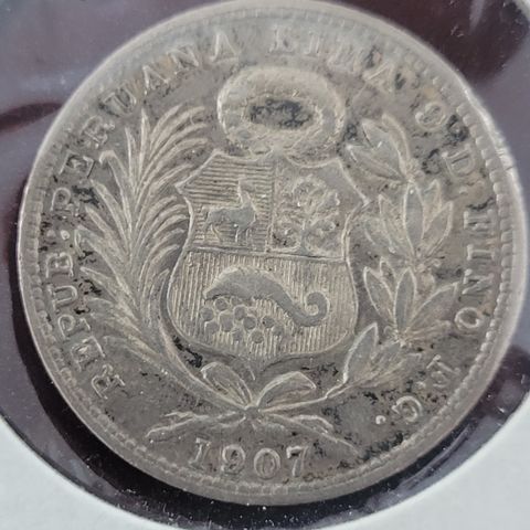 Peru, 1/5 sol sølv Lima Peruana 1907