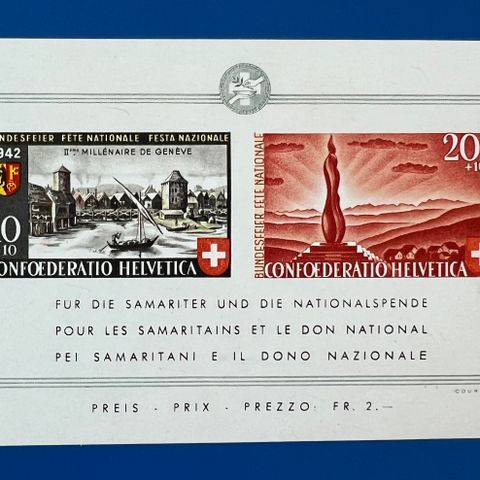 Sveits souvenirark 1942 pro patria postfrisk