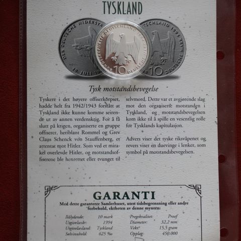 Tyskland - medalje tysk motstandsbevegelse - kr 100