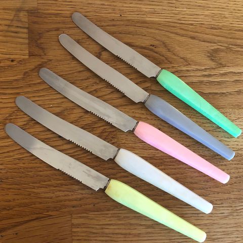 Retro Solingen fruktkniver med perlemor skaft - alle 5 for 120,-