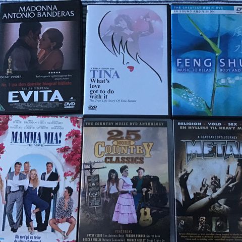 6 stk DVD Evita, Mamma Mia, Tina Turner ++