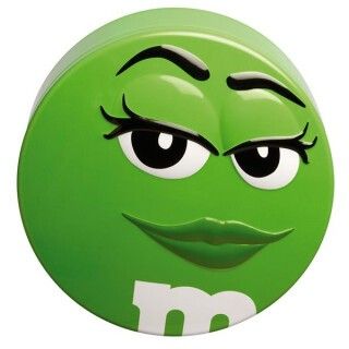 Grønn metallboks med smilefjes - emoji - med lokk. M&M, selges!