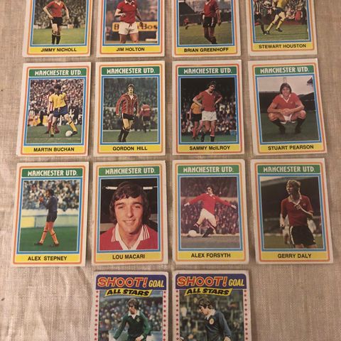 Manchester United - komplett sett 14 stk Topps 1976 fotballkort