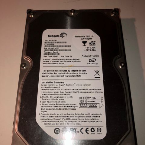 0.32TB Harddisk Seagate Barracuda 7200.10 NTSF formattert.