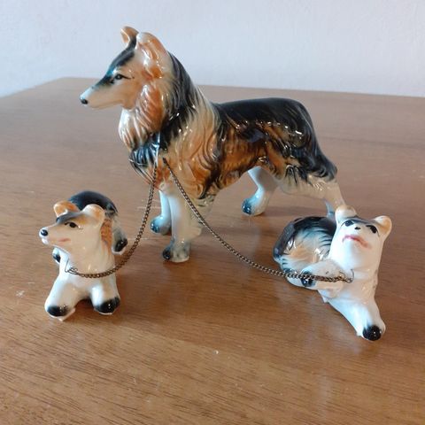 Vintage hundefigur Shetland Sheepdog/ Collie med 2 valper