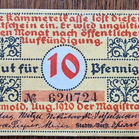 Tysk, Detmold 10 Pfennig (1920) Nødseddel