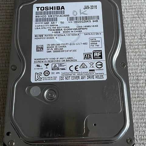 Toshiba SATA 500 GB Hard Drive HDD